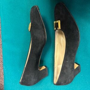 Black suede Ferragamo Shoes with gold buckle detail